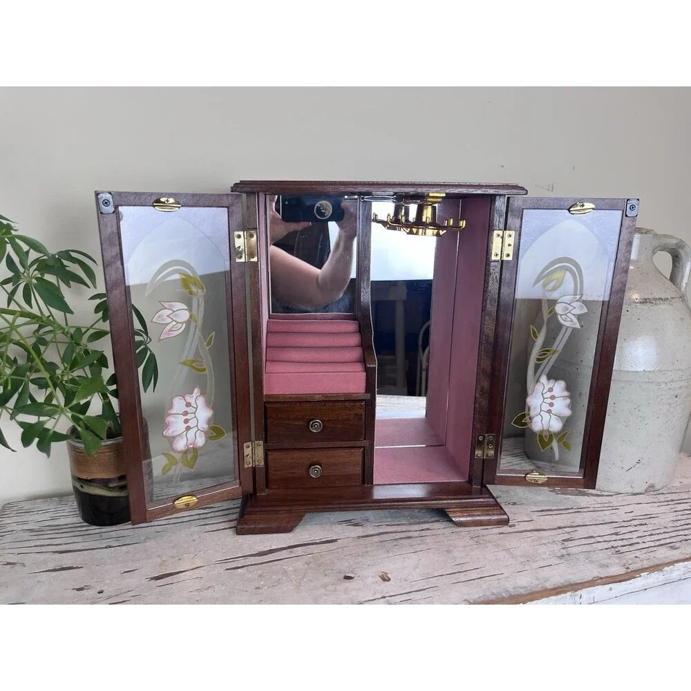 Vintage Wooden Jewelry Armoire Box Cabinet w/ Glass Floral Doors & Drawers